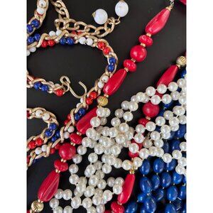 Vintage Multi-Strand Beaded Necklaces Set - Red White & Blue Faux Pearl & Gold-T